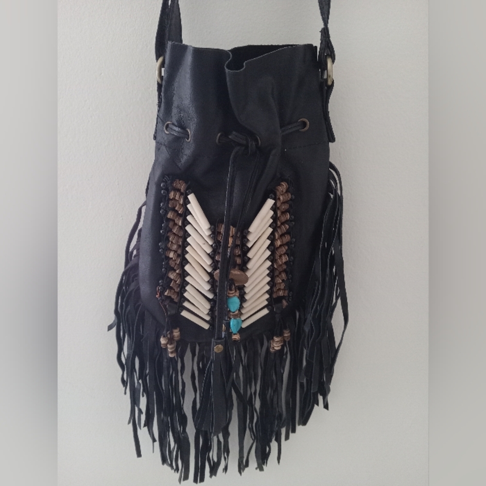 Black  Genuine Leather Fringe Drawstring Shoulder Bag with Beaded Front